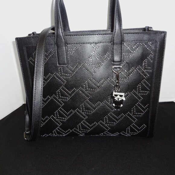 NWT-Karl Lagerfeld Black Handbag with Silver MK Studs on Front of Bag - Picture 3 of 5